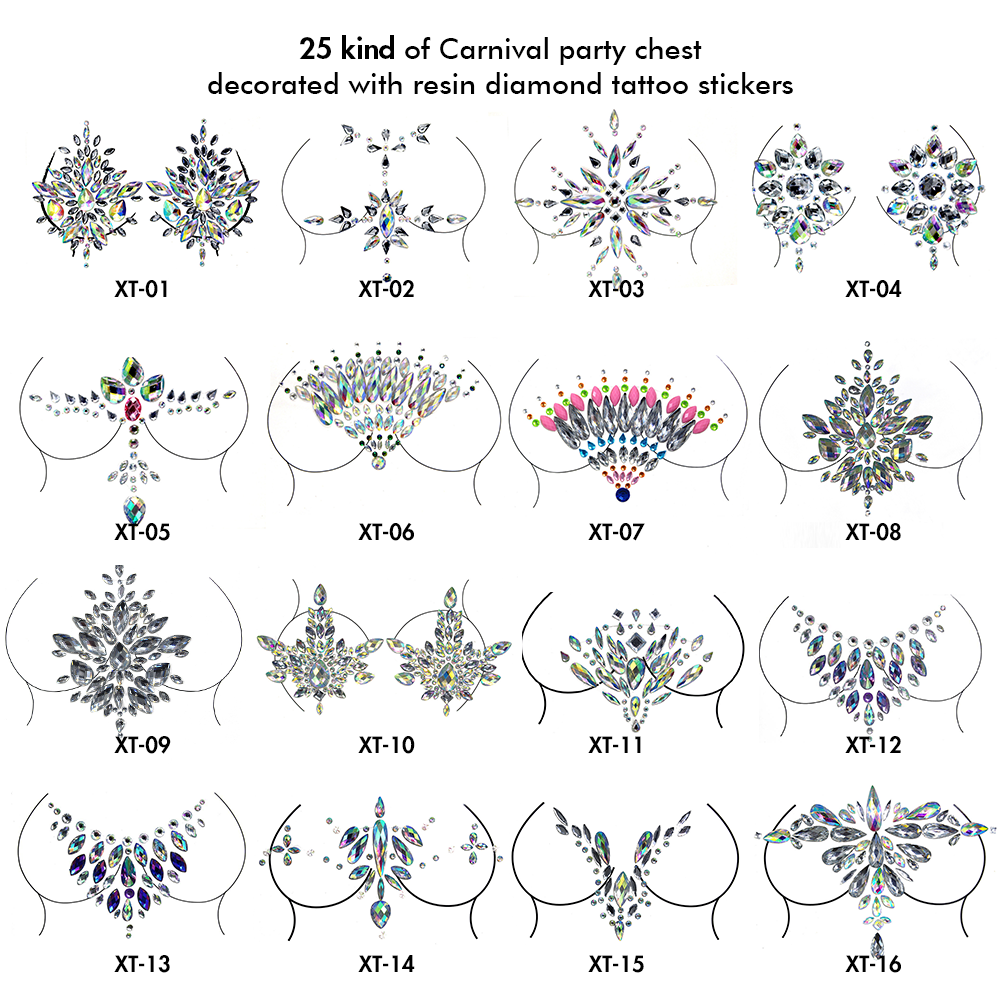 25 Kind of Carnival Party Chest Decorated with Resin Diamond Tattoo Stickers.